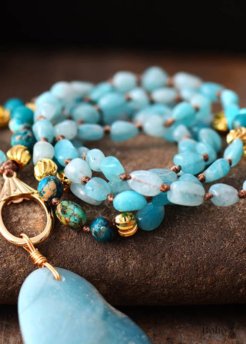 Boho Necklace, Seed Beads Blue Amazonite